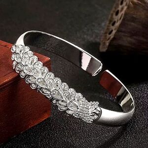 Peacock Animal Sterling Silver Adjustable Bangle Bracelet